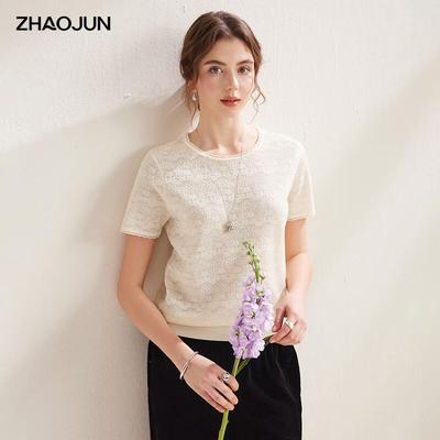 Damen Jacquard-Strick T-Shirt mit kurzen Ärmeln