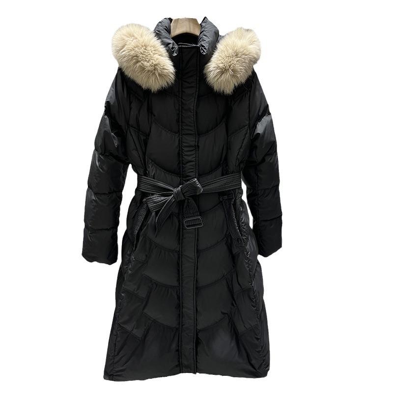 Autumn and winter new slim-fitting lace-up waist big fox fur collar medium and long foreign-style warm hooded down jacket