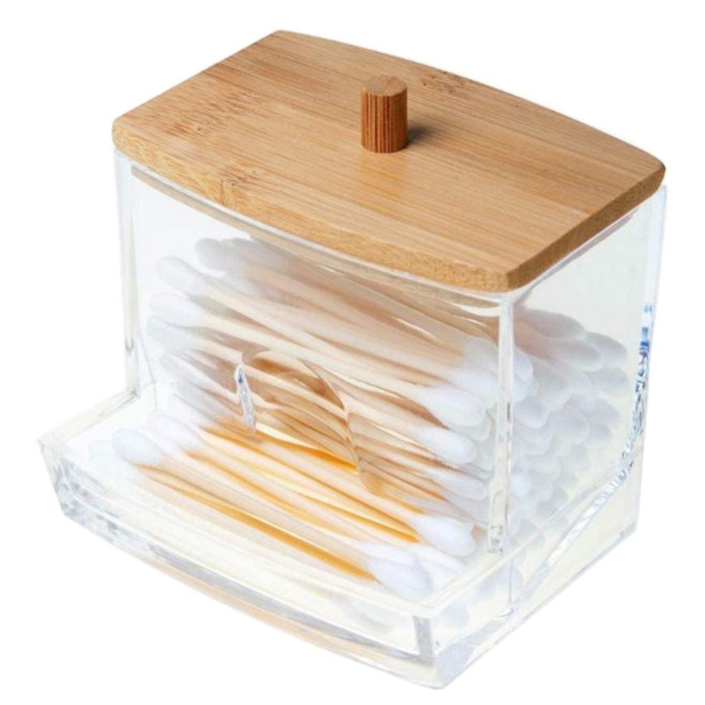 Bathroom Acrylic Storage Box Jar Makeup Organizer Cotton Round Pad Holder Cotton Swab Box Qtip Holder Dispenser with Bamboo Lid