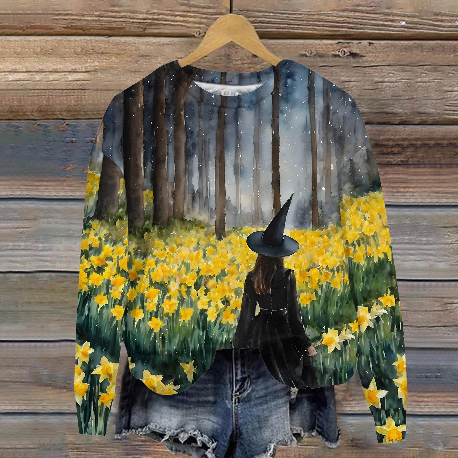 

Женский Хэллоуин с принтом, круглым вырезом и длинными рукавами, свободный крой, повседневный топ с длинными рукавами и длинными рукавами XL жёлтый