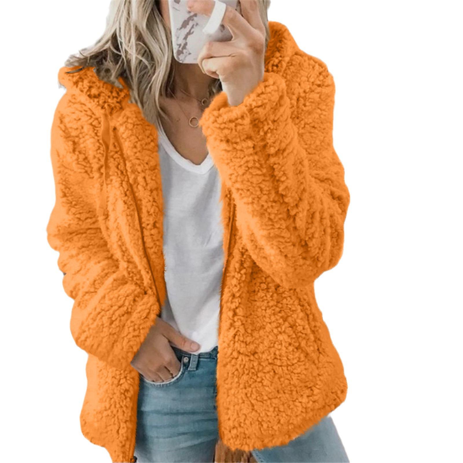 

Зимняя толстая теплая верхняя одежда с капюшоном, женская элегантная шуба из искусственного меха медведя, мягкая флисовая куртка, женское пальто на молнии с карманами XXXL оранжевый