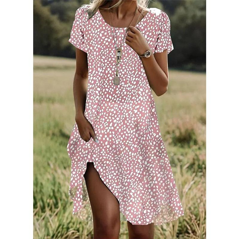 Women's Fashion Summer Spring Polka Dot Print Short Sleeve O-Neck Loose Waistline Casual Dresses