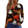 Women's Casual Long Sleeve V-Neck T-Shirt with Halloween Print and Decorative Buttons