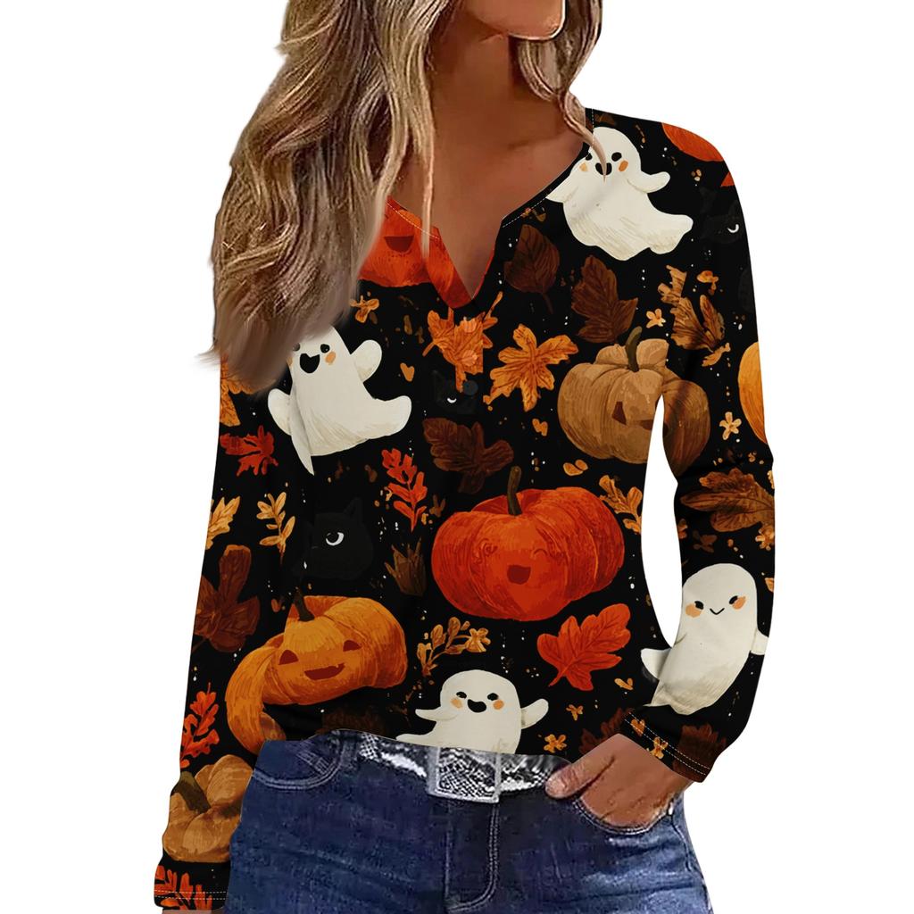Women's Casual Long Sleeve V-Neck T-Shirt with Halloween Print and Decorative Buttons