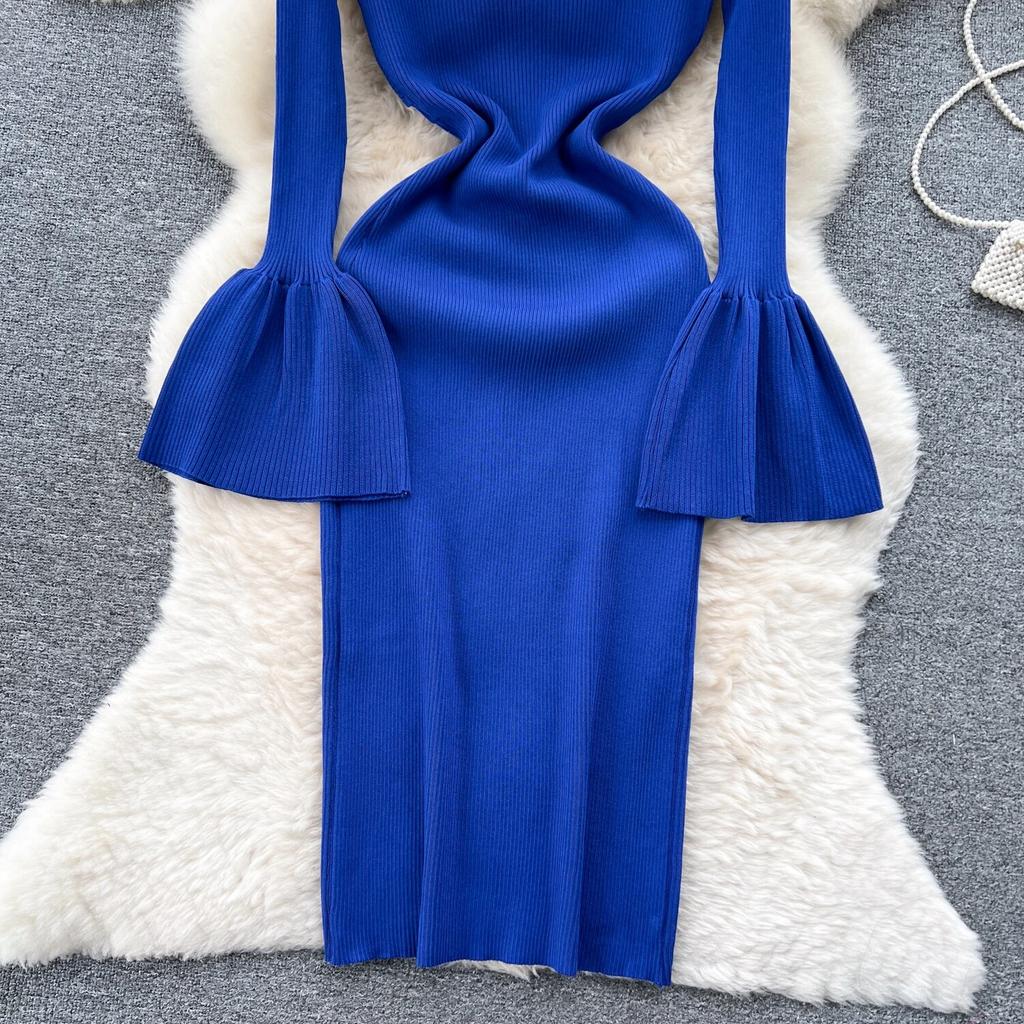 Sexy Bodycon V Neck Flare Pletené šaty s dlouhým rukávem Elegantní Elegantní Vestidos Podzimní Ženy Módní Hip zavinovací šaty