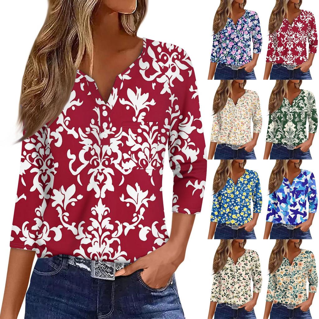 Ladies Casual Fashion V-neck Loose Versatile Floral Print Three-quarter Sleeves