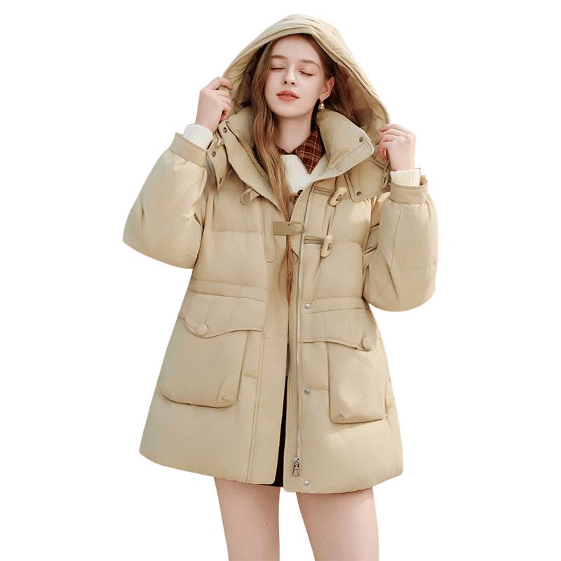 Xiangying Women's Hooded Mid-Length 90% White Duck Down Jacket