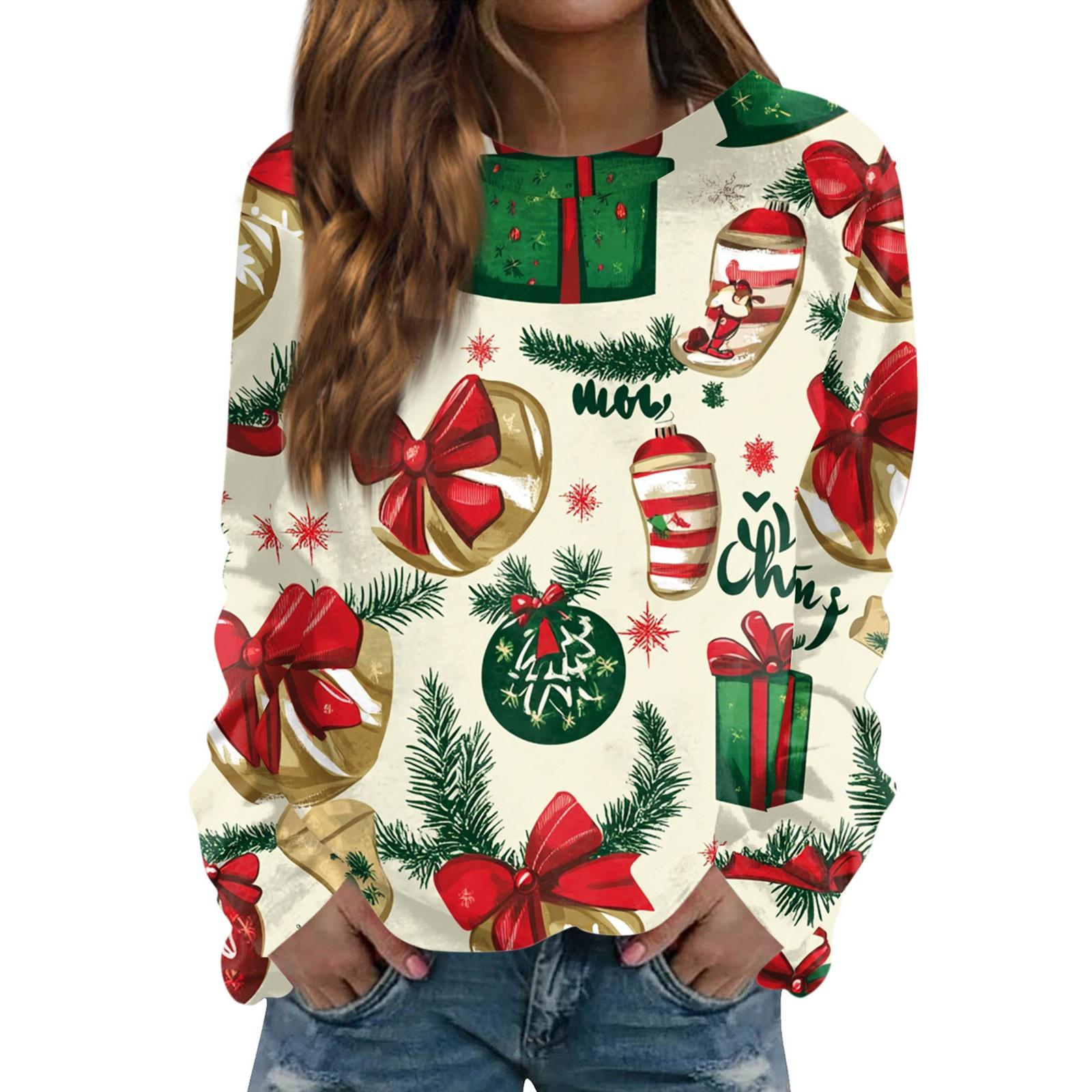 

Женская повседневная мода с принтом рождественской елки и круглым вырезом с длинными рукавами XL