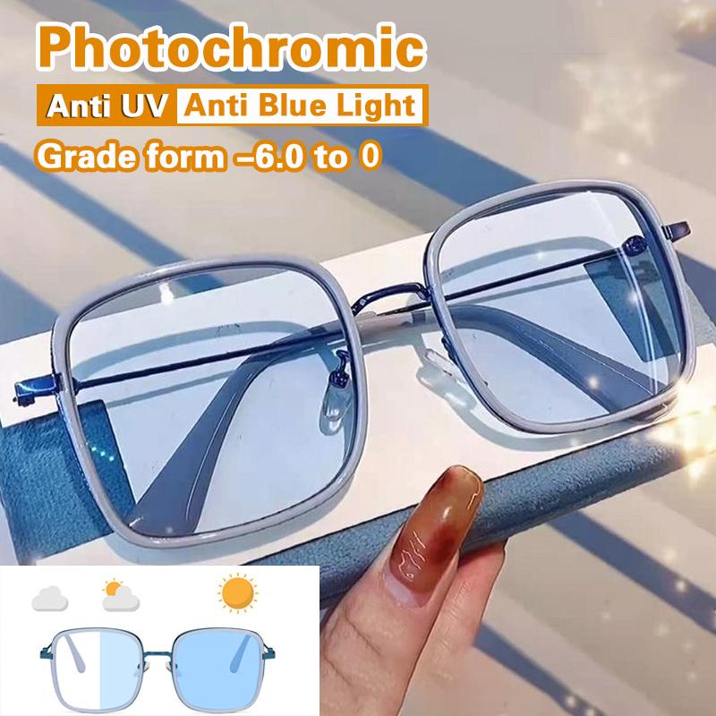 Quadratische photochrome Myopie-Brille Damen Mode Oversized Kurzsichtigkeit Brillen Klassischer Großer Rahmen Brillen 0 bis -600