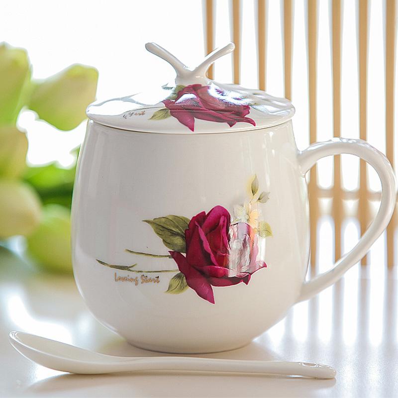 Ceramic Coffee Mug With Lid And Spoon Chic Bone China Coffee Cup Sets 450ml Ceramic Creative Simple Milk Cups Couple Gifts