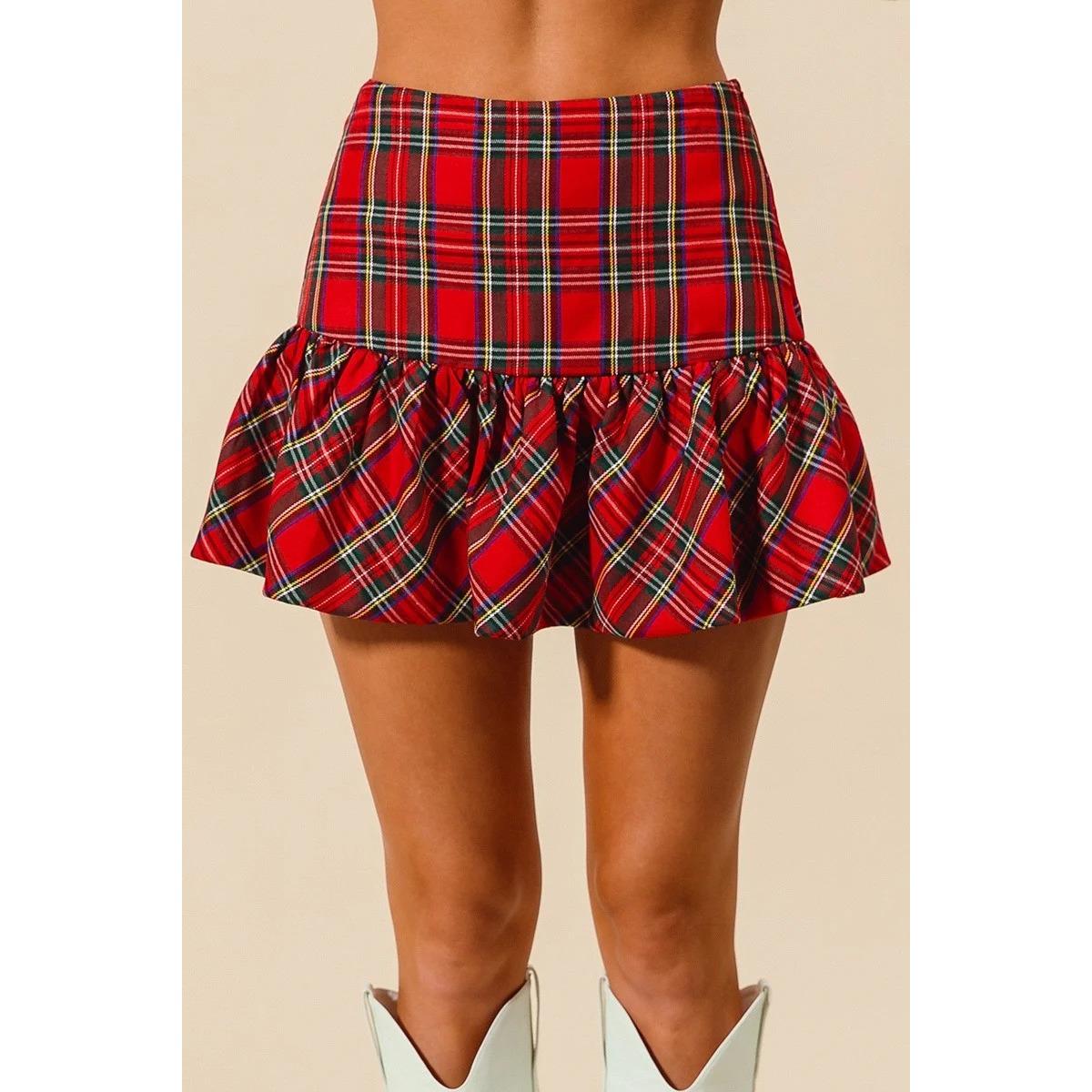 Women s High Rise Tartan Plaid Mini Skirt Flared Ruffle Hem Slim Fit Sweet College Preppy Skater Skirt S красный