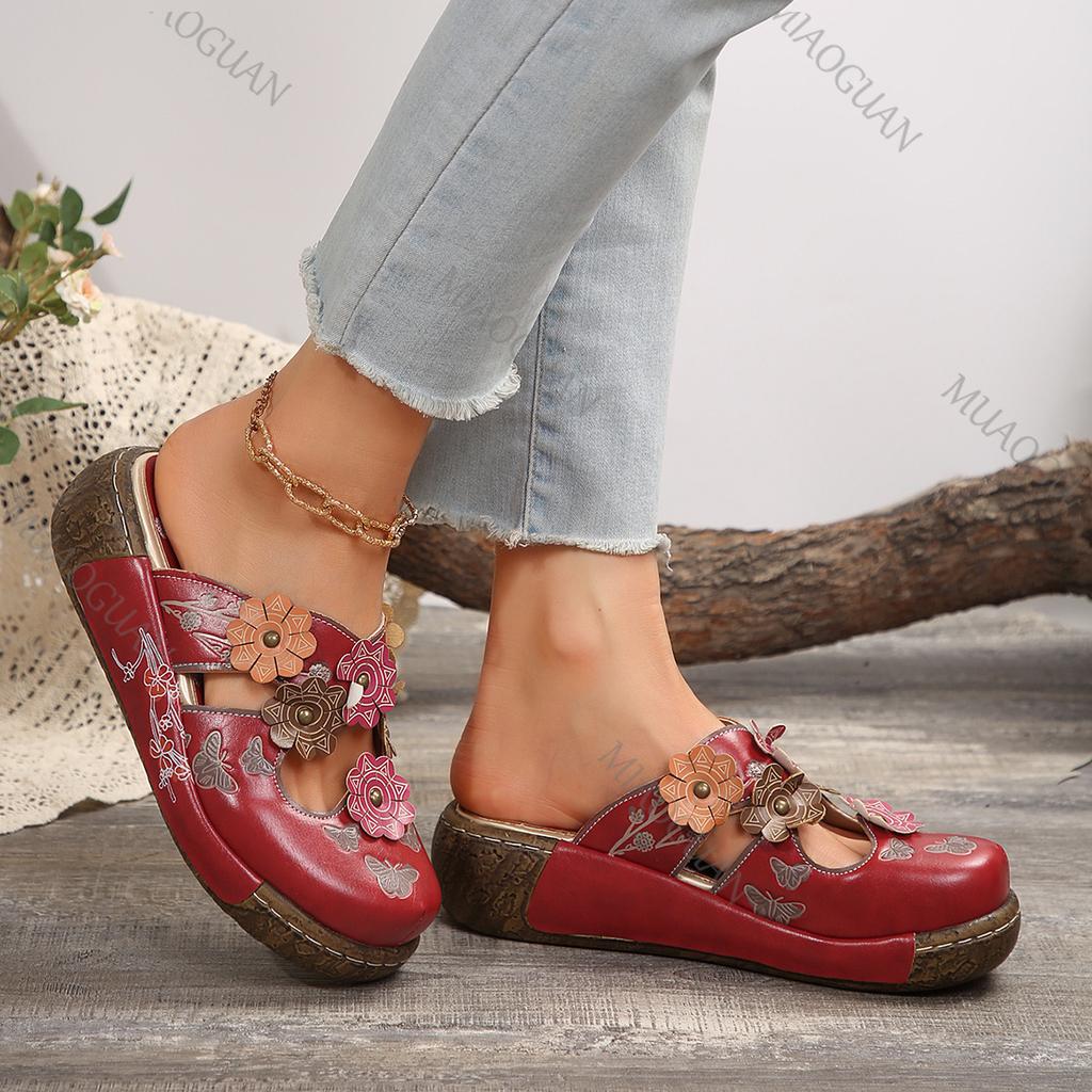 Fashion New Baotou Ethnic Half Slippers for Women Flat Bottom Flower Thick Sole Retro Women's Platform Sandals Mules Summer Footwear