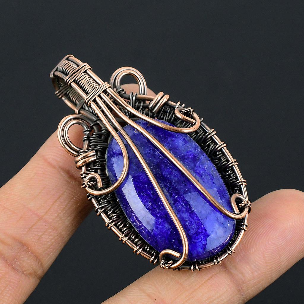 Blue Sapphire Pendant, Handmade Gemstone Pendant, 999 Copper Wire Wrapped Pendant Antique Jewelry, For Engagement Gift