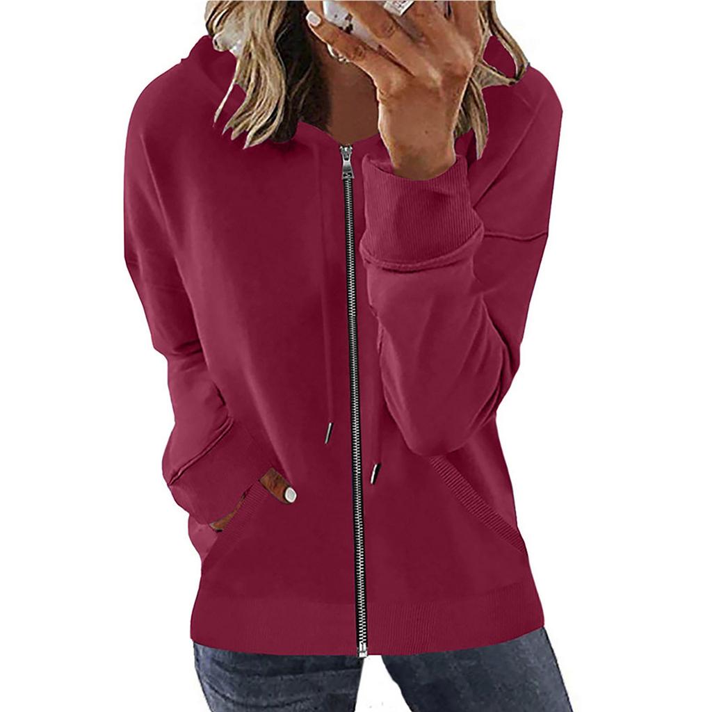 Women's Loose Fit Solid Color Zip Up Hooded Long Sleeve Sweatshirt Casual Pocket Hoodie Top