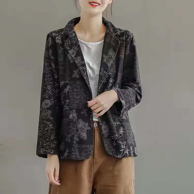 Blazer Imprimé Rétro pour Femmes Veste Courte Fine à Manches Longues Coton Décontracté Ample Manteau Printemps et Automne Commute Version Coréenne Style Harajuku