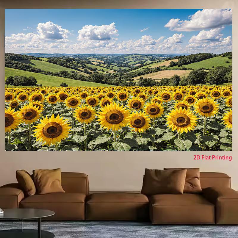2D Sunflower Field Photography Backdrop Blue Sky Green Hill Photo Background for Party Studio Decor