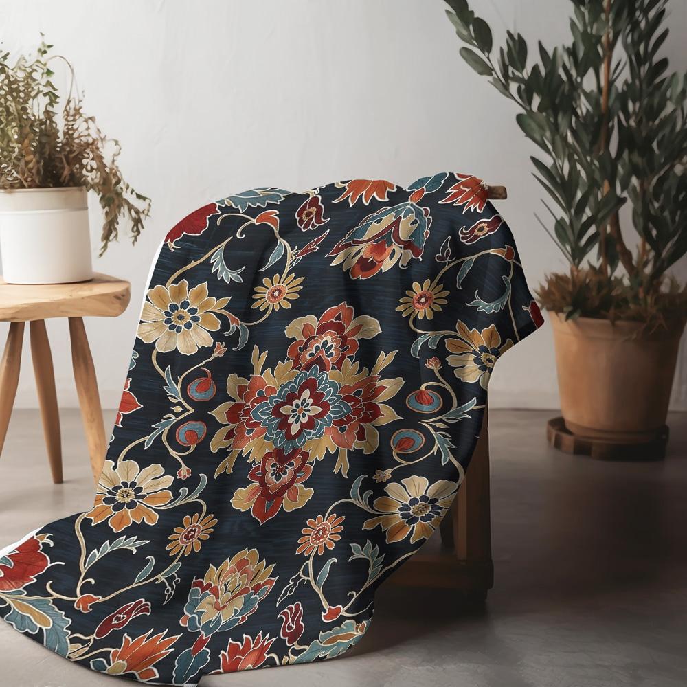 Dark Floral Embroidered Fleece Blanket Sofa Bed Throw Decorative Bedspread Warm Cozy Gift