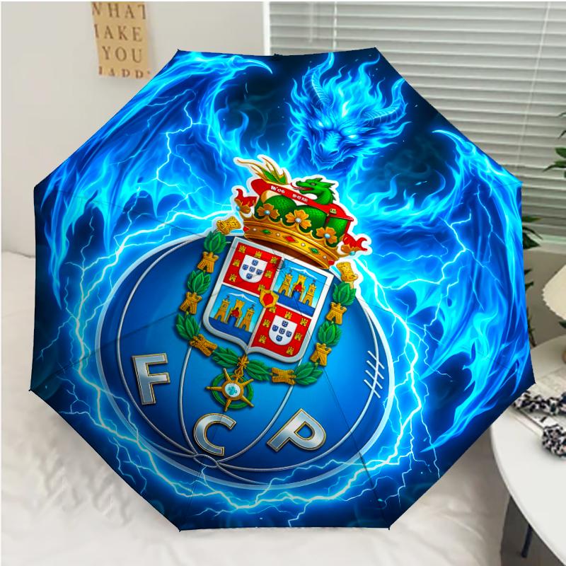 FC Porto LOGO Print Automatic Umbrella, 8 Rib Iron Frame, Plastic Handle, Suitable for Outdoor Travel &Daily , Ideal Gift
