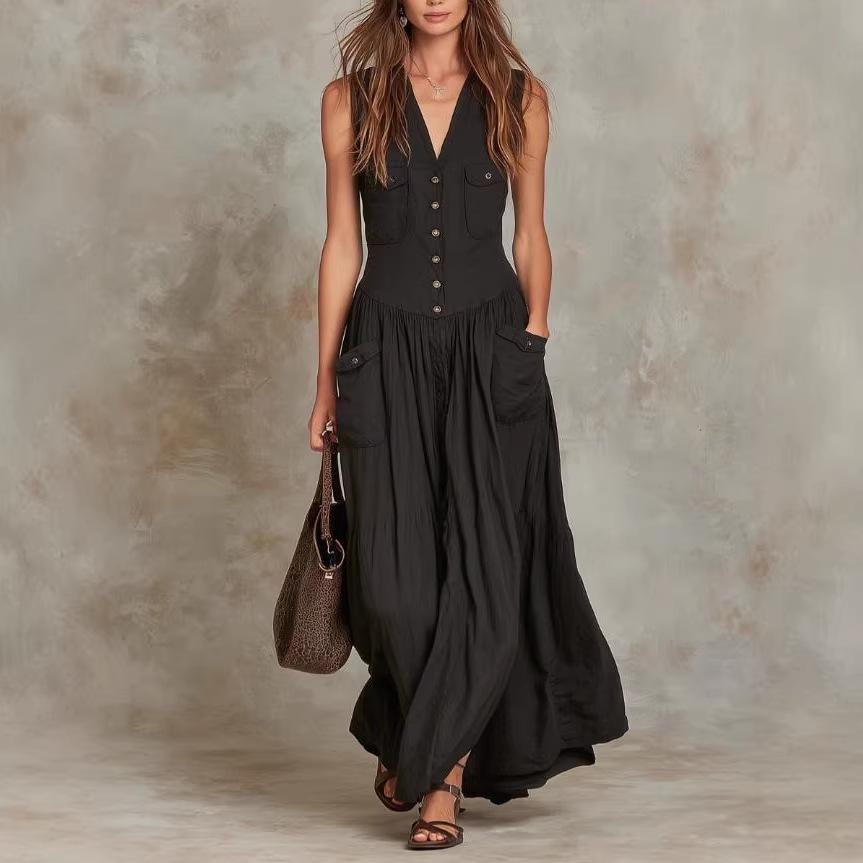 2026 European V-neck Sleeveless Elegant Slim-fit Solid Color Women s Dress Large чёрный