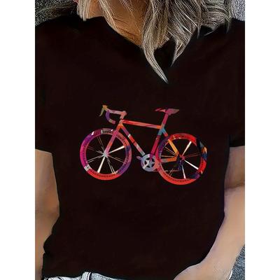 Taglie Europee T-shirt da Donna con Stampa Colorata di Biciclette - Casual Girocollo, Manica Corta, Tessuto Elasticizzato Medio