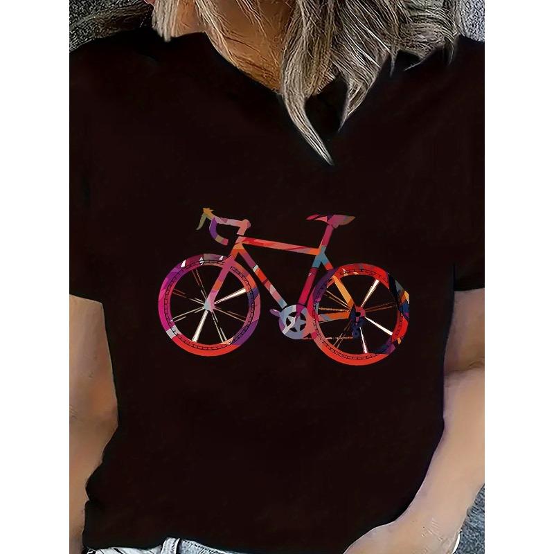 

Европейские размеры Женская разноцветная футболка с принтом велосипедов - Повседневная, с круглым вырезом, с короткими рукавами, ткань средней эластичности S чёрный