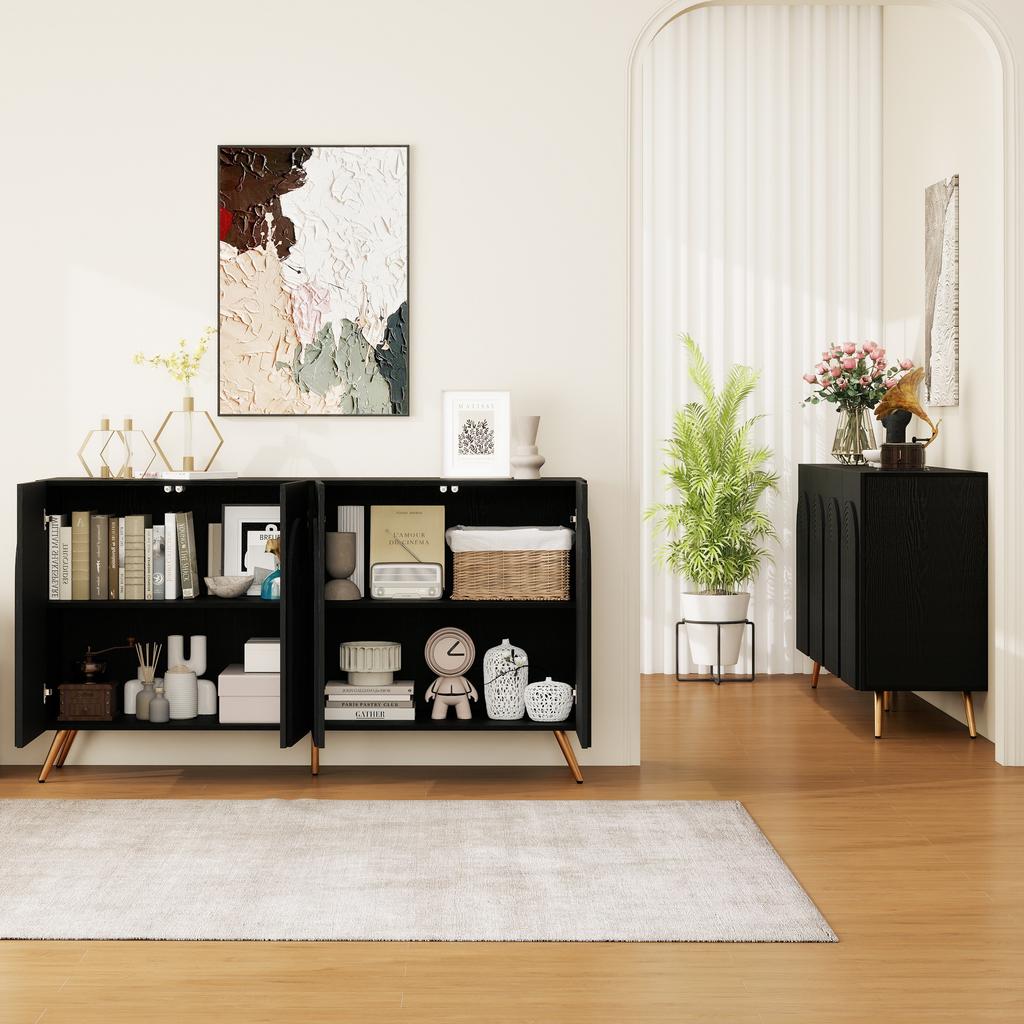 Sideboard in Mid-Century Design, Black Hallway Cabinet with 3D Grooves & Arched Doors, Wood Material, Adjustable Shelves, Gold-Colored Metal Feet