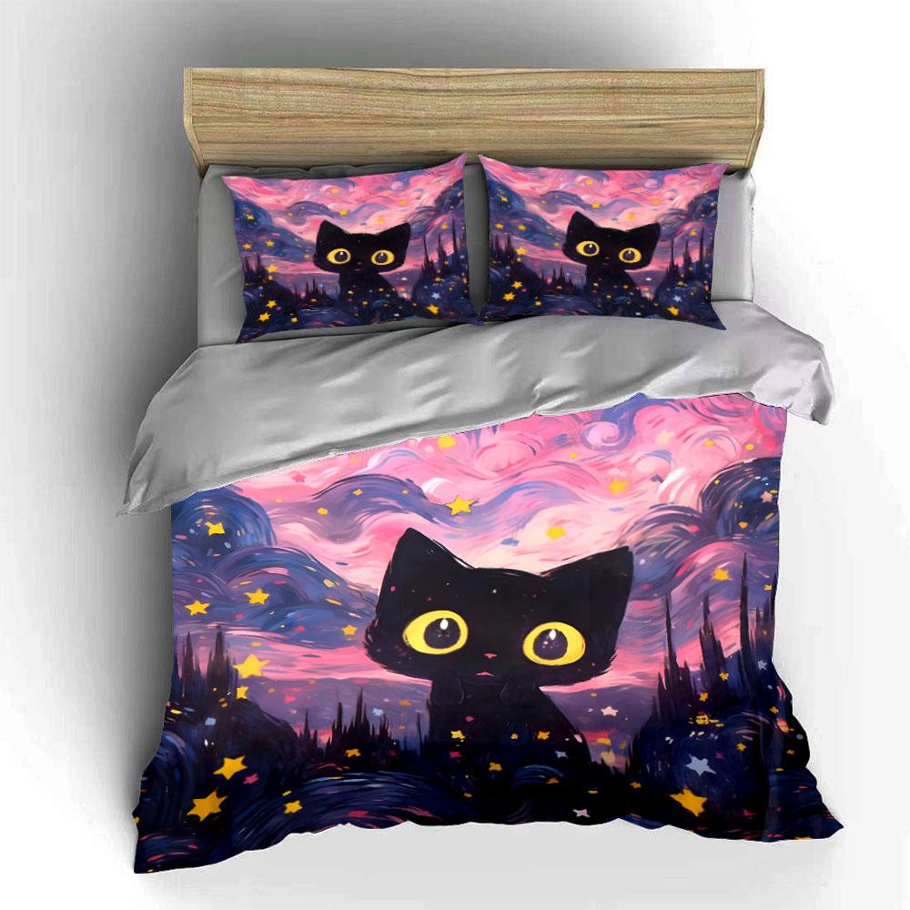 Starry Night Cat Art Set Multiple Sizes Kid'S And Adults' Bedroom Exquisite 3Pc Bedding Set, Gift