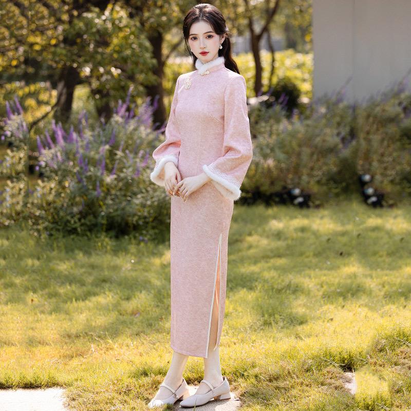 Pink Velvet Thickened Winter Clothing National Style New Chinese Long-sleeved Improved Cheongsam Young Women's High-end Sense Retro Winter