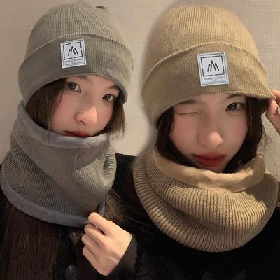 Women Knitted Beanie+Scarf Sets Thicken Velvet Lining Pullover Cap Unisex Winter Warm Plush Bonnet Neck Protection Scarves Hat