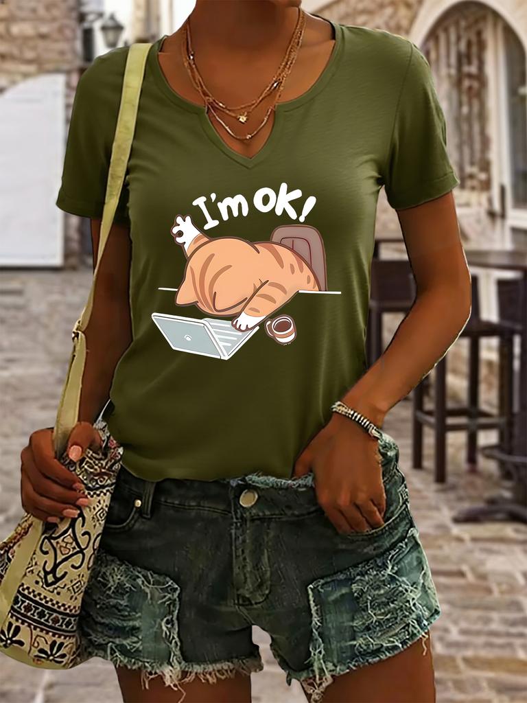 Women's Summer V-Neck Short Sleeve T-Shirt, "I'm OK!" Lazy Cat Office Print, Funny Cat Lover Casual Fashion Top