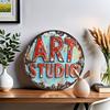 Rustikales Metallschild "Art Studio", Vintage Wanddeko mit Distressed Blau & Rot Design, Metall Wandkunst Dekor