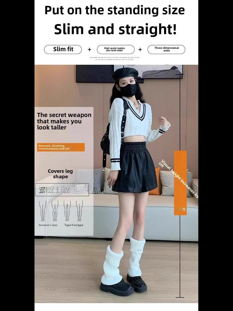 Autumn/Winter 2023 High Waist PU Leather Shorts: Slim, Wide-Leg, Korean Style, Casual Loose Fit with Outerwear Boots Compatibility.