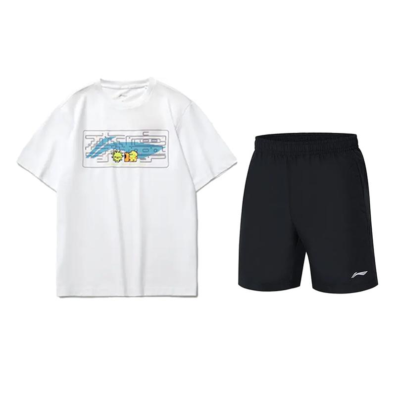 

Li-Ning Cartoon Print Round Neck Short Sleeve T-Shirt Quick Dry Loose Fit Shorts Casual Sports Set Unisex sets AHSUA23-1+YKST119-1 XL