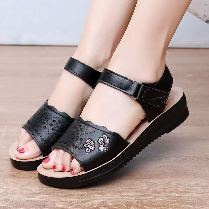 Women's Summer Leather Wedges Sandals Thick Sole Non Slip Open Toe Lightweight Comfortable Velcro Middle Aged And Elderly Sandal