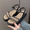 SyfIyno Summer New Thick Soled Plus Size Women's Sandals Paired with Skirt Rhinestone Flat Toe Roman Women's Shoes