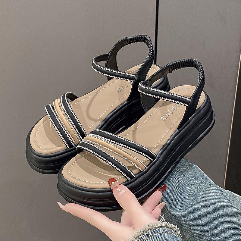 SyfIyno Summer New Thick Soled Plus Size Women's Sandals Paired with Skirt Rhinestone Flat Toe Roman Women's Shoes