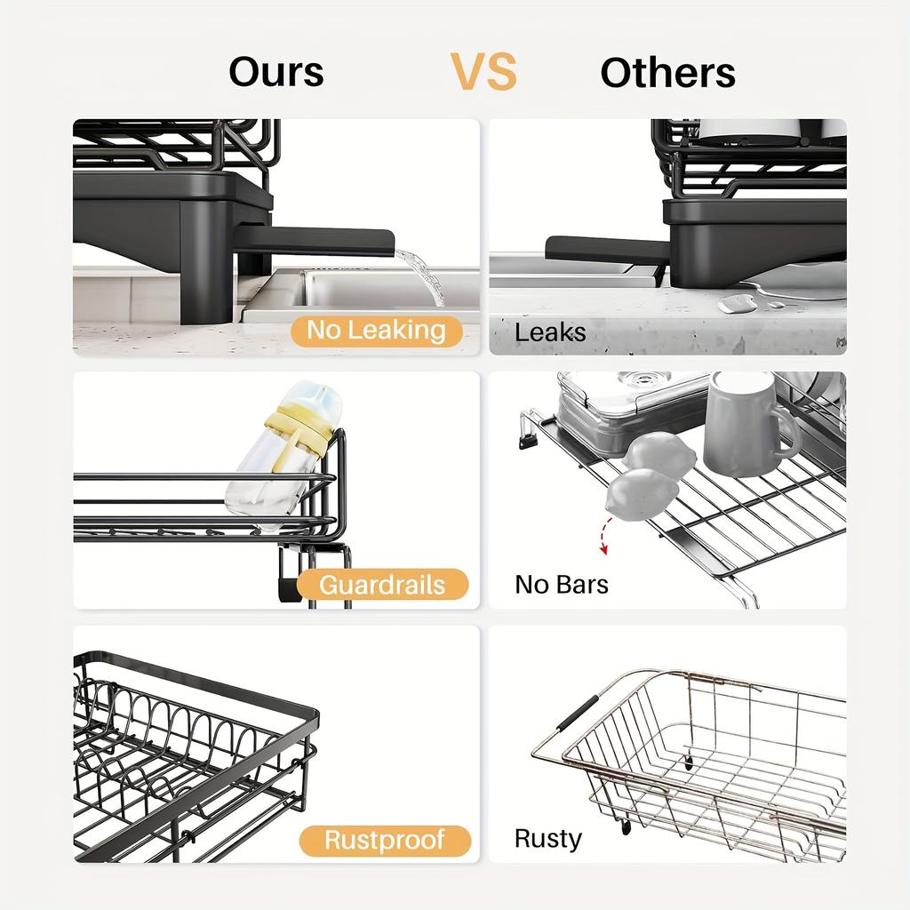 Expandable 2-in-1 Dishware Drain Rac-Space Saving,Rust Proof Metal Dishware Drain Rack with Pot Slot,Dish Rack and Drain Board, Kitchen Sink Finishing