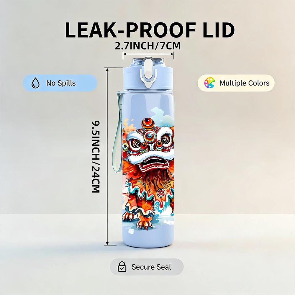 1PC Color Traditional Lion Dance Figure 750ml Color Plastic Water Bottle Leakproof Flip Straw Lid For Sports Office Home Use