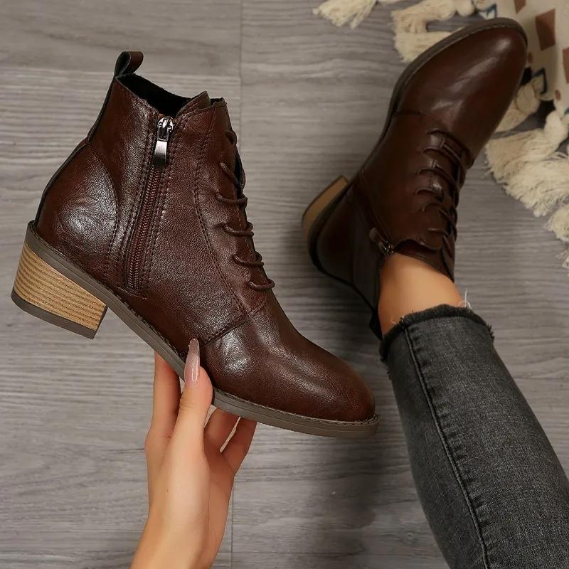 

Retro 2026 Autumn and Winter New Products Low Heel Lace-up Women s Booties Full Leather Motorcycle Boots 42 коричневий