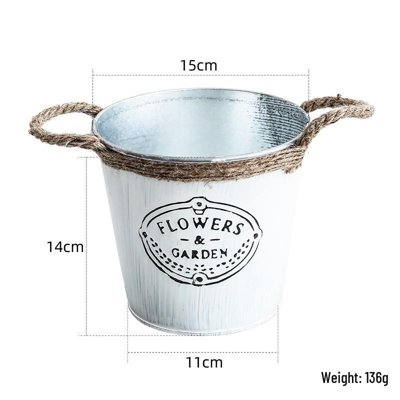Small Retro Distressed Whitewashed Tin Flower Pot for Tabletop or Balcony Decor, Ideal for Succulents and Iron Lettering