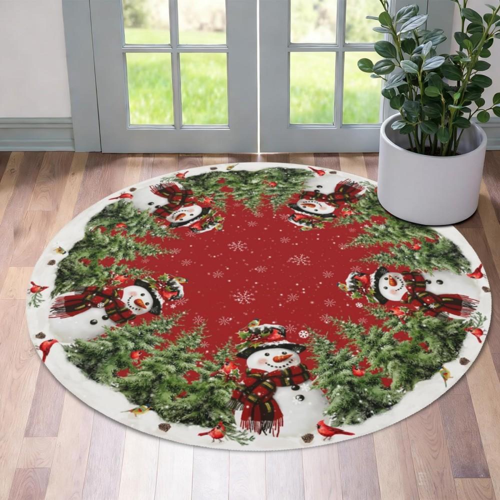 Merry Christmas Round Rug Vintage Red Christmas Tree Area Carpet Soft Washable Bedroom Bedside Floor Mat New Year Home Decor