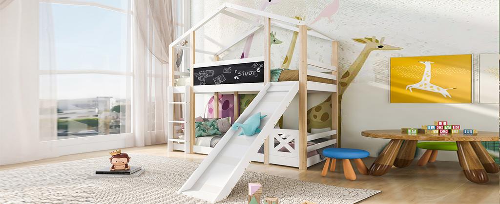 (=517234AAW) Children's Bed Treehouse with Slide & Ladder 90 X 200 Cm, Loft Bed for Children – 2x Slatted Frame - Natural & White