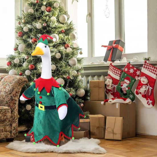 Santa Claus Goose Outfit Christmas Porch Goose Costume Festive Clothes And Hat for 23" High Cement or Plastic Goose Lawn Patio Garden Decor