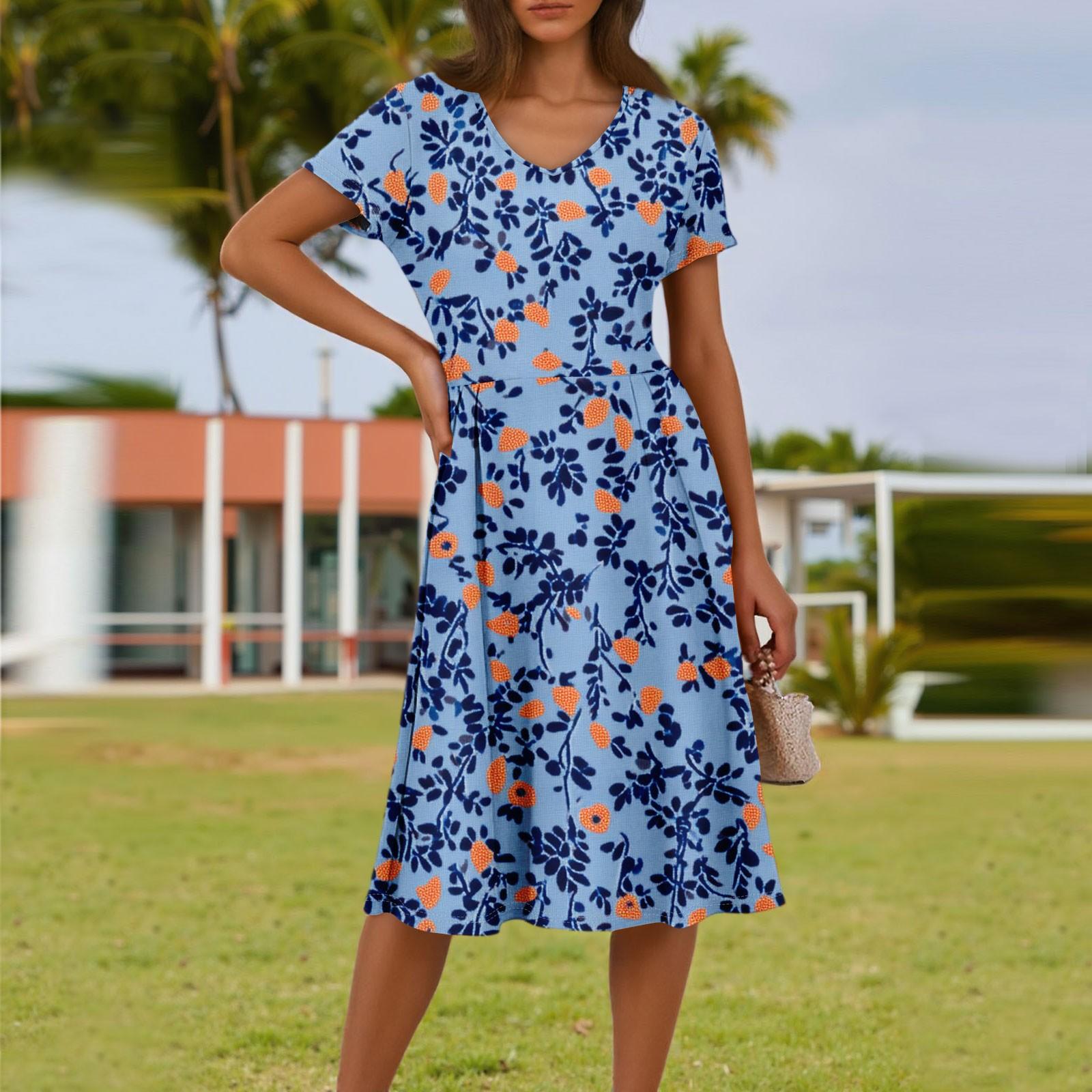 

Женское летнее модное повседневное платье с цветочным принтом, V-образным вырезом, короткими рукавами и карманом XL