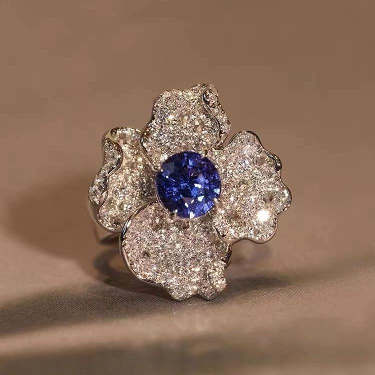 New Luxury Sapphire Wedding Rings Female Big Flower Blue AAA Zirconia  Sterling Silver  Prom Party Girlfriend Gifts
