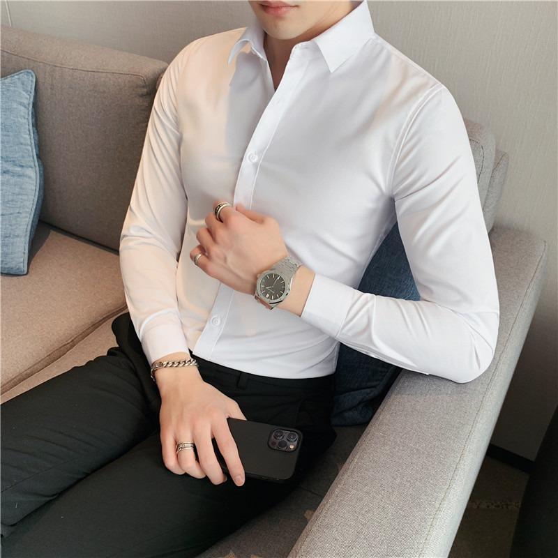 

Мужская серая приталенная рубашка с длинным рукавом - Формальная, Business Casual, на пуговицах M белый