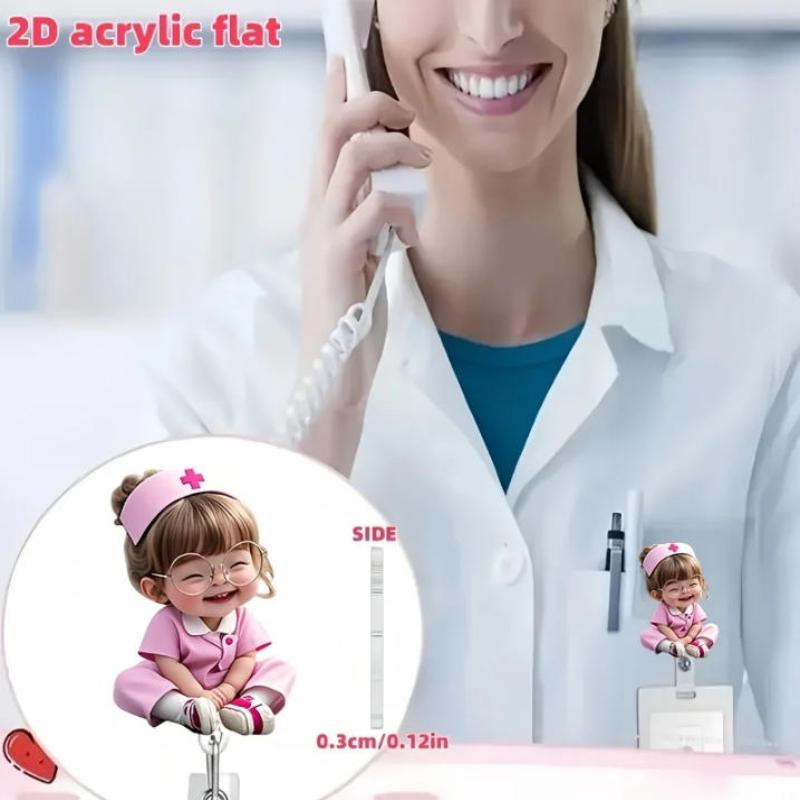 1 Pieza Cordón Retráctil Acrílico Plano 2D Clip para Identificación de Enfermera Insignia con Dibujo de Chica Enfermera Linda con Gafas Soporte para Insignias