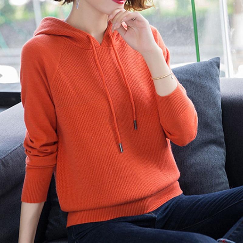 Autumn Winter Hooded Knitted Sweater for Women Long Sleeved Pullover Style Casual Sweater for Women As A Base Inner Layer