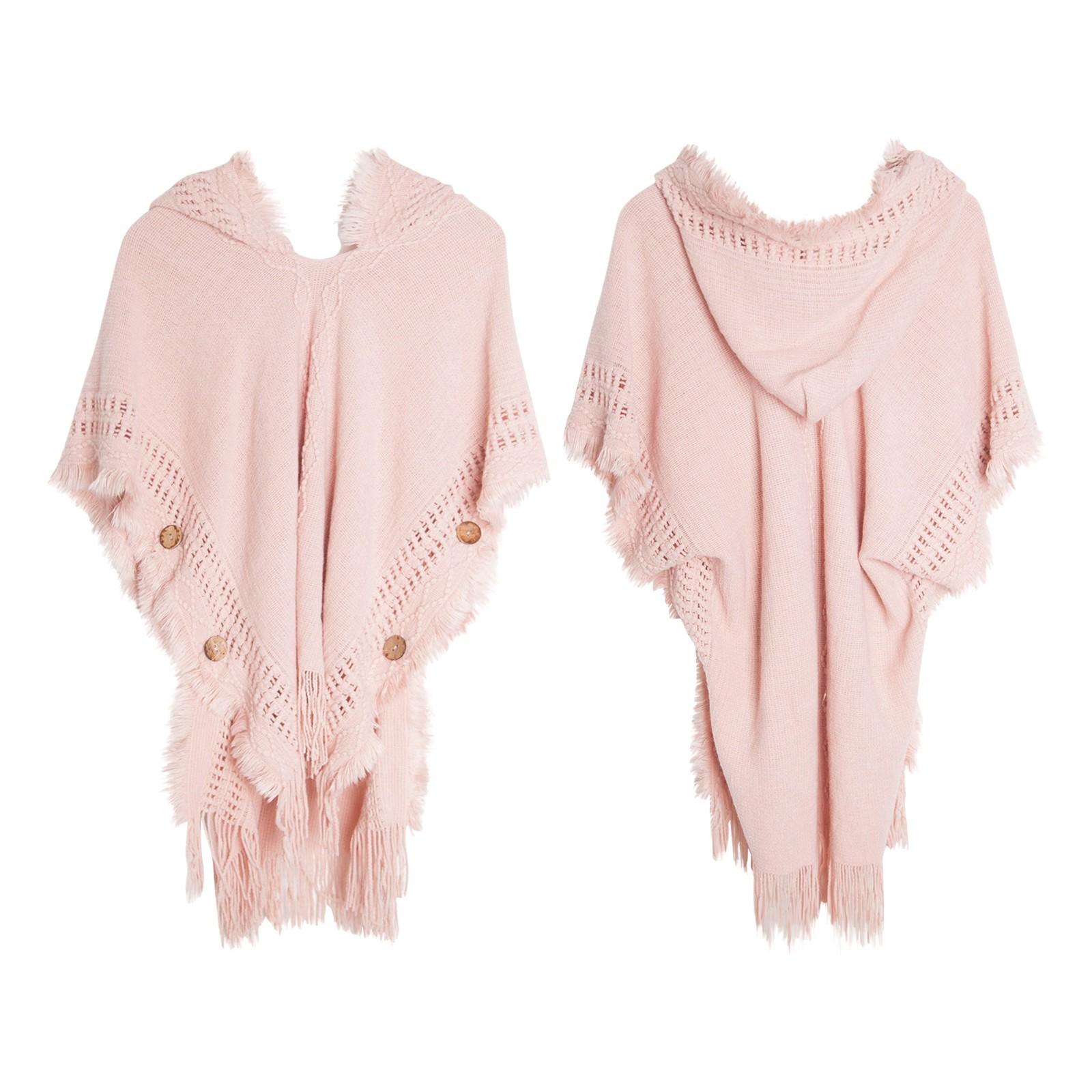 

Женская шаль на пуговицах в стиле бохо с бахромой, вязаный пуловер, накидка с капюшоном One Size розовый