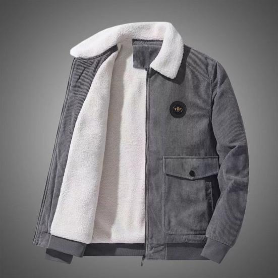 Men Autumn Winter Solid Color Casual Jacket Coat Lapel Long Sleeve Flap Pockets Corduroy Outwear Zipper Placket Fleece Lining Coat
